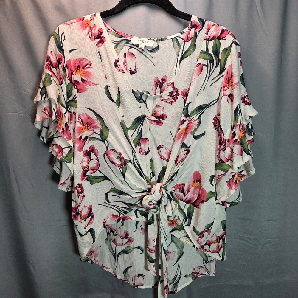 Umgee‎ Cropped Tie Front Top Floral White Pink Boho Blouse Ruffle Sleeve Small